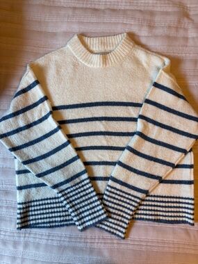 American Eagle Outfitters Cream and Navy Striped Crewneck Sweater